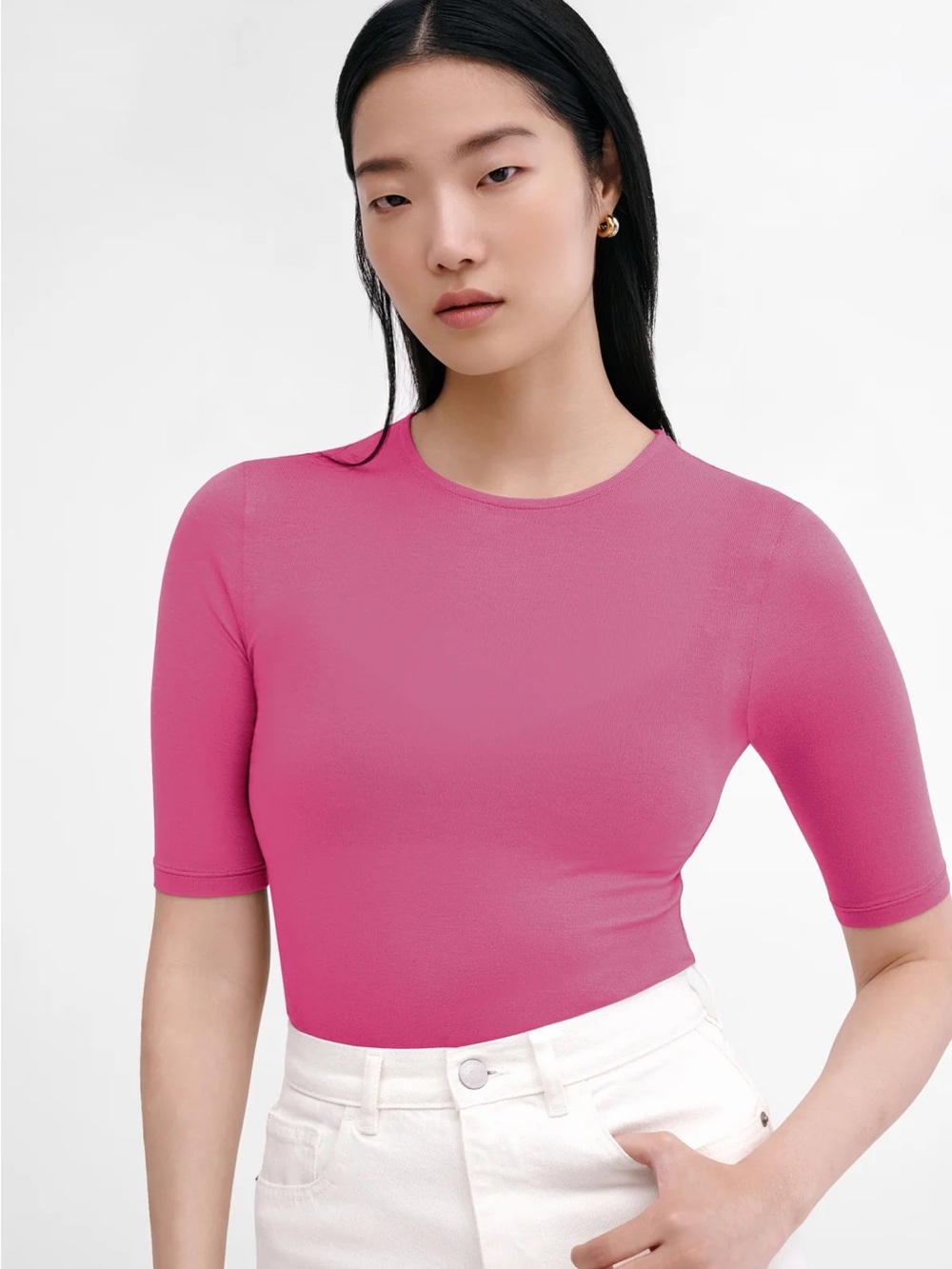Marcella NYC Sheer Frankie Top Pink Raspberry Fitted Jersey Size Large EUC